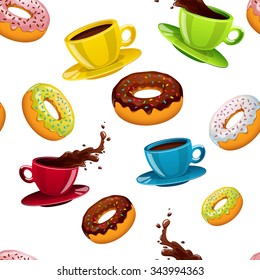Vector seamless pattern with chocolate glazed donuts and bright color cups of coffee with splashes and splatters