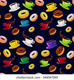 Vector seamless pattern with chocolate glazed donuts and bright color cups of coffee with splashes and splatters
