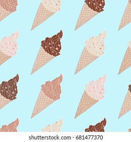 Vector seamless pattern with chocolate ice cream on light blue background