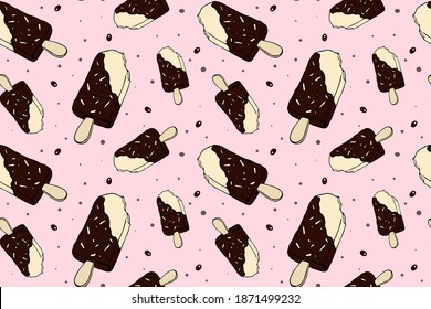 Vector seamless pattern with chocolate popsicle. The illustration is drawn in doodle style. Design for printing postcards, fabrics, children's clothing, design for a children's holiday