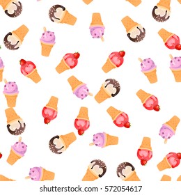 Vector seamless pattern with chocolate, strawberry and blueberries ice cream