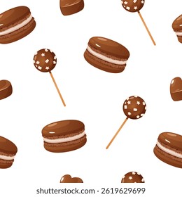 Vector seamless pattern with chocolate sweets such as macarons, lollipops and candies isolated on white background.