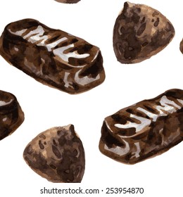 vector seamless pattern with chocolates drawing by watercolor at white background, hand drawn  illustration, sweet food ornament