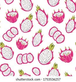 Vector seamless pattern of chopped ripe white pitahaya. cut and sliced pitaya ornament. dragon fruit decor. print for fabric, textile, wallpaper
