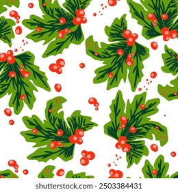 Vector seamless pattern with chrisrmas branches woth holly berries on white background.