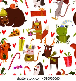 Vector seamless pattern with christmas animals. Suitable for textile, gift cards and gift wrapping paper.