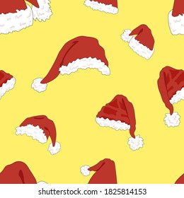 Vector Seamless Pattern, Christmas Background, Cartoon Santa and Elfs Hats on the Bright Yellow Backgroud, Hand Drawn Illustration.