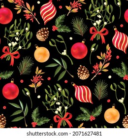 Vector seamless pattern with Christmas balls and winter flora on black background