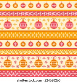 Vector seamless pattern with christmas balls and snowflakes. Holiday striped background. Retro illustration for print,  web