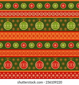 Vector seamless pattern with Christmas balls and snowflakes. Holiday striped background. Retro decorative illustration for print, web