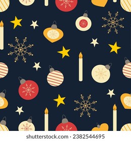 Vector seamless pattern with Christmas balls and snowflakes.Christmas ornament background