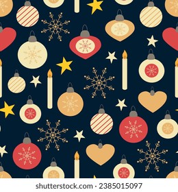 Vector seamless pattern with Christmas balls and snowflakes. Christmas ornament background