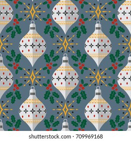 Vector seamless pattern with Christmas balls in vintage style. Vector illustration for Merry Christmas and Happy New Year greeting card. Winter Holiday decoration, Wallpaper carnival, festival ball