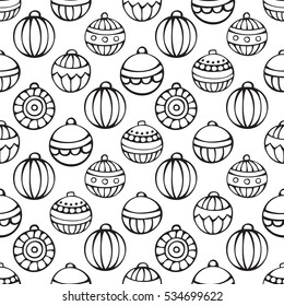 Vector seamless pattern of Christmas baubles. Set of doodles Christmas tree baubles on white background. Doodles hand-drawn boundless background. Black and white.