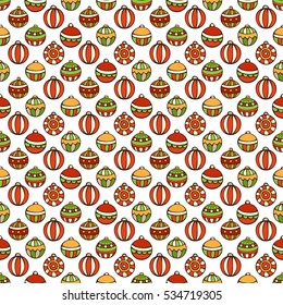 Vector seamless pattern of Christmas baubles. Bright set of Christmas tree baubles on white background. Doodles hand-drawn boundless background.