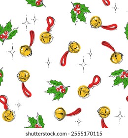 Vector seamless pattern with Christmas bells. Traditional New Year decorations. Endless texture for holiday design.
