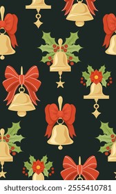 Vector seamless pattern with Christmas bells with ribbon and floral decoration on dark background. Festive texture with xmas decorations. Holiday surface design for wrapping paper