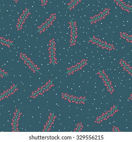 Vector seamless pattern of Christmas berries with snowfall. Winter cute background