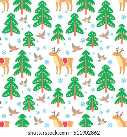 Vector seamless pattern with Christmas  birds, hats and snowflakes. Christmas background.