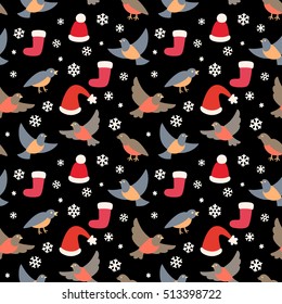 Vector seamless pattern with Christmas birds, hats and snowflakes. Christmas background.
