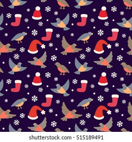 Vector seamless pattern with Christmas birds, hats and snowflakes. Christmas background.
