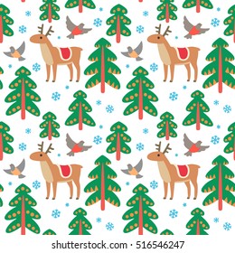 Vector seamless pattern with Christmas birds, deers and snowflakes. Christmas background. Winter forest.