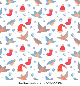 Vector seamless pattern with Christmas birds, hats and snowflakes. Christmas background.