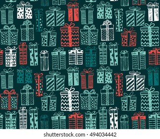 Vector seamless pattern with Christmas or birthday ornate present boxes. Colorful endless background in graphic doodle style for prints, cards, invitations, scrapbook.