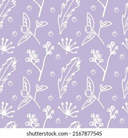Vector seamless pattern Christmas botanicals in white line on a trendy lilac background.Repeating,floral print in color 2022 in a minimalist style.Designs for textiles,wrapping paper,fabric,packaging.