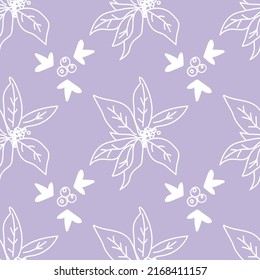 Vector seamless pattern Christmas botanicals in white line on a trendy lilac background.Repeating,floral print in color 2022 in a minimalist style.Designs for textiles,wrapping paper,fabric,packaging.