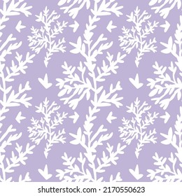 Vector seamless pattern Christmas botanicals in white line on a trendy lilac background.Repeating,floral print in color 2022 in a minimalist style.Designs for textiles,wrapping paper,fabric,packaging.