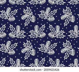 Vector seamless pattern with Christmas  bouquets and polka dots.  Cute festive background.