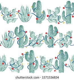 Vector seamless pattern with Christmas cactus. Mexican holidays. Hand drawn style cartoon illustration.