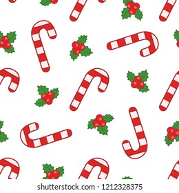Vector seamless pattern with Christmas candies and berries on white background. Pefrect for wrapping paper or fabric.