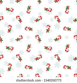 Vector seamless pattern with Christmas candies and holly berries. Holiday design for greeting card, gift box, fabric, wallpaper, textile, package, web design.