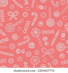 Vector seamless pattern with Christmas candies. Cute design for wrapping paper, textile, wallpaper and backgrounds.