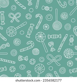 Vector seamless pattern with Christmas candies. Cute design for wrapping paper, textile, wallpaper and backgrounds.