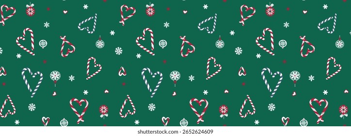  vector seamless pattern with Christmas candies on green background with snowflakes