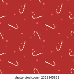 Vector. seamless pattern. Christmas candy cane and stars on red background for wrapping paper, scrapbook elements, fashion fabric texture, pajama textile, graphic design wallpaper.