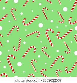 Vector seamless pattern with Christmas candy canes and white circles on a green background