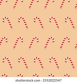 Vector seamless pattern with Christmas candy canes on a beige background