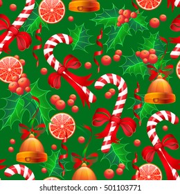 Vector seamless pattern of Christmas Candy Cane with red bow, bell, ribbon, citrus and holly on green background.