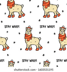 vector seamless pattern with Christmas cartoon llamas in scarves, hats and boots on a white background. text "stay warm". can be used as wallpaper, packaging paper design, prints and other things.