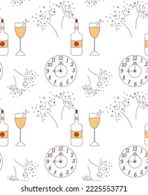 Vector seamless pattern with Christmas clock, champagne and fireworks