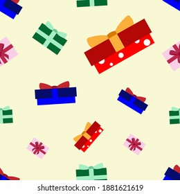 Vector seamless pattern of Christmas colorful gift boxes, wrapped presents. Cartoon pattern in flat style for fabric print, wrapping paper design. Background for Christmas, Birthday, Valentine day.