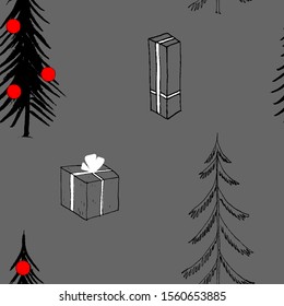 Vector seamless pattern with Christmas conifers and a decorated Christmas tree and a large wrapped Christmas gift with a bow. New Year and Christmas theme texture illustration for print and textile.