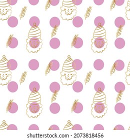 Vector seamless pattern with Christmas cute illustrations with gold line with brightly colored balloons.Winter,holiday print in doodle style hand drawn.Designs for textile,wrapping paper,scrapbooking.