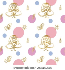 Vector seamless pattern with Christmas cute illustrations with gold line with brightly colored balloons.Winter,holiday print in doodle style hand drawn.Designs for textile,wrapping paper,scrapbooking.
