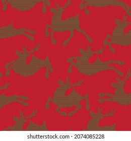 Vector seamless pattern of Christmas decoration reindeer herd silhouette,green horizontal stripes,on red,wrapping paper,textures,textile,fabric,greeting cards,holiday,Merry Christmas,Happy New Year.