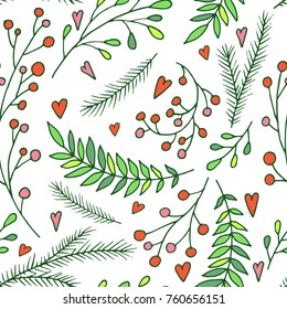 Vector seamless pattern - Christmas decoration elements. Hand drawn branches, berries and leaves 
